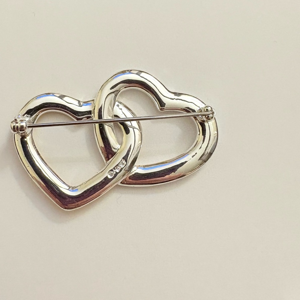 Monet Heart Brooch Pin Silver Gold Two Tone Clear Rhinestone Mixed Metal Vintage - Picture 2 of 4